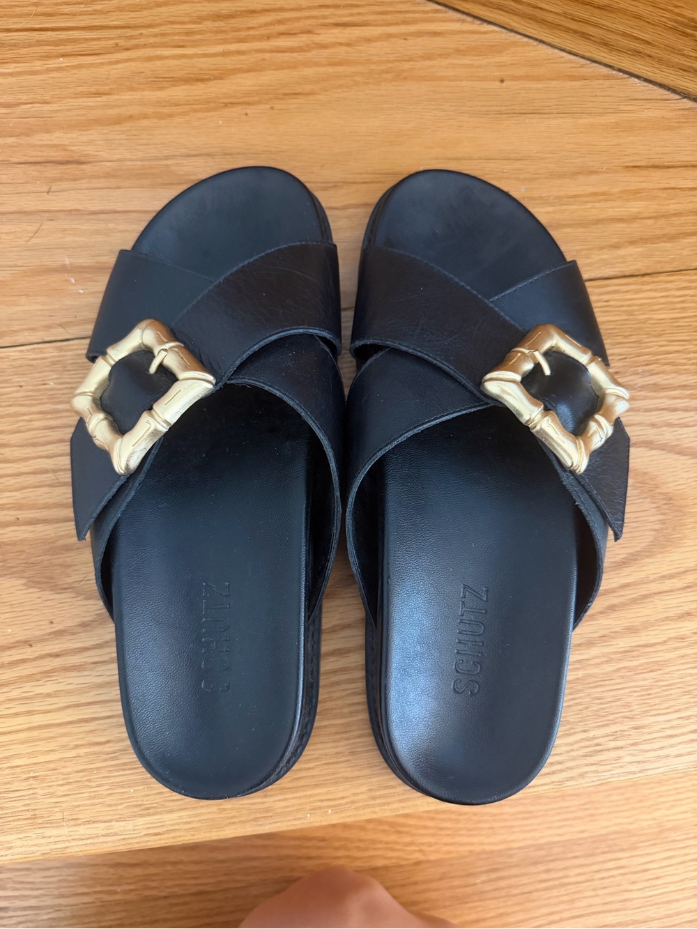 SCHUTZ Black Leather Slide Mules with Gold Buckle